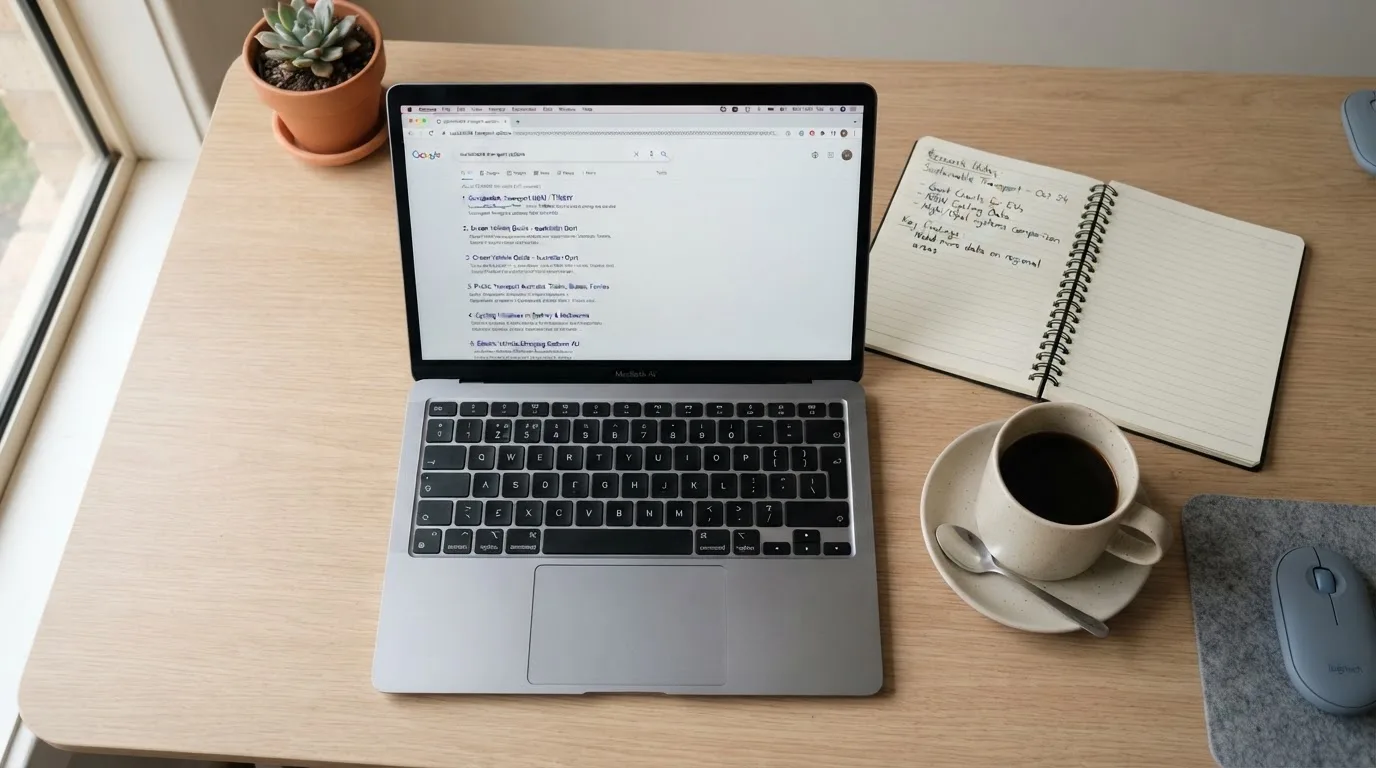 A tidy desk with a laptop open on a plain search-results page, a notebook and a coffee cup beside it, no screens showing any casino branding.