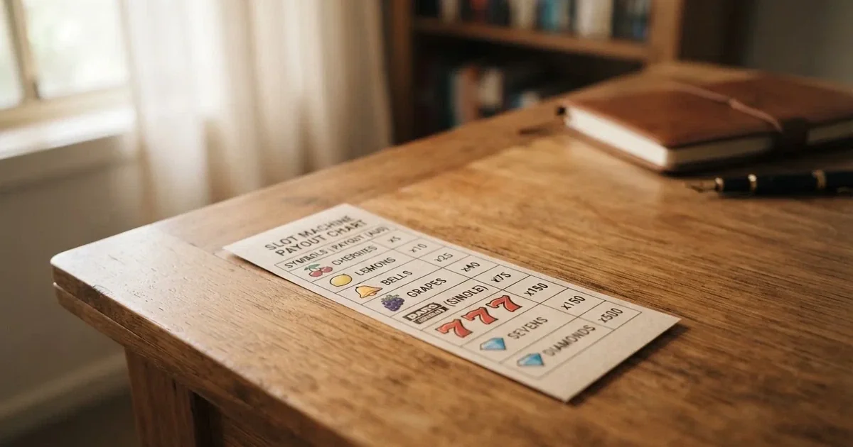 A printed strip of generic slot symbols and payout numbers laid on a desk, like a reference chart rather than a live game.