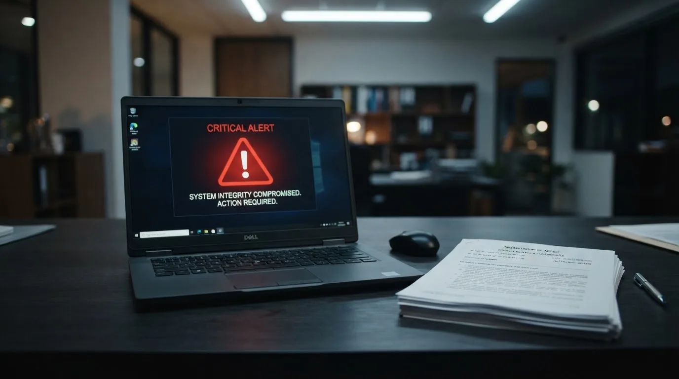 A red triangular warning sign icon on a laptop screen next to a stack of legal papers, symbolising an official caution rather than any specific website.