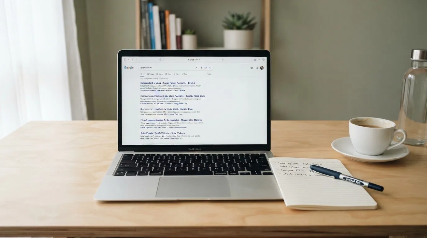 A tidy desk with a laptop open on a plain search-results page, a notebook and a coffee cup beside it, no screens showing any casino branding.