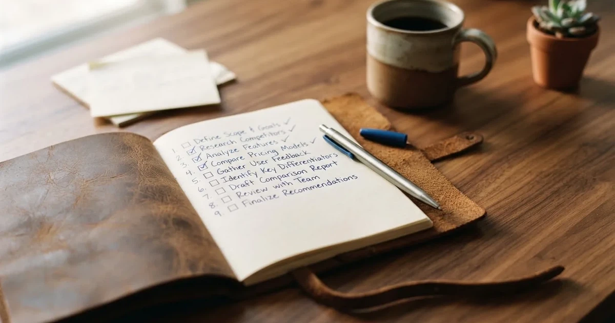 A notepad with a numbered list of blank lines and checkboxes, pen resting on top, suggesting a comparison in progress.