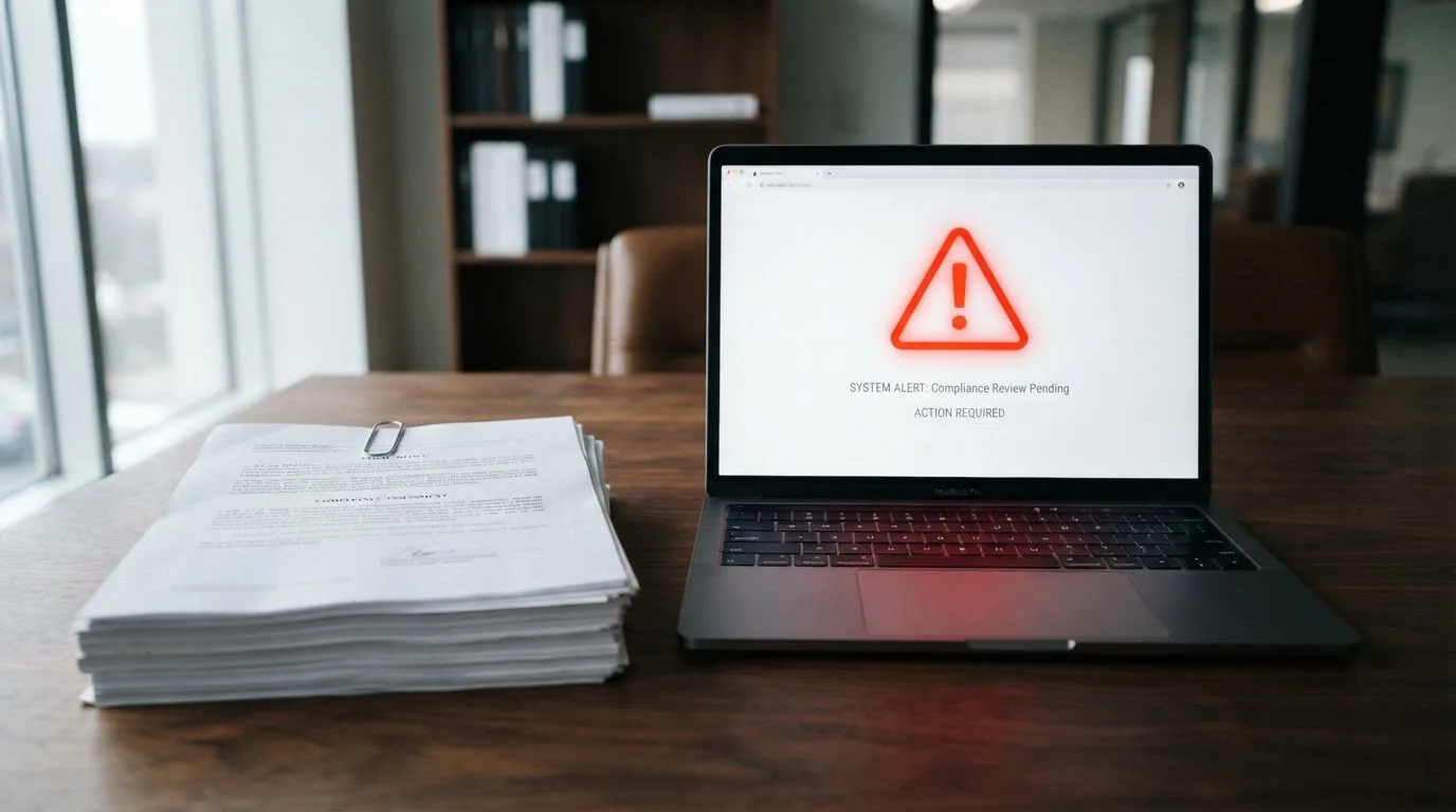 A red triangular warning sign icon on a laptop screen next to a stack of legal papers, symbolising an official caution rather than any specific website.