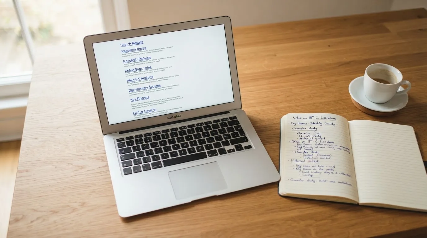 A tidy desk with a laptop open on a plain search-results page, a notebook and a coffee cup beside it, no screens showing any casino branding.
