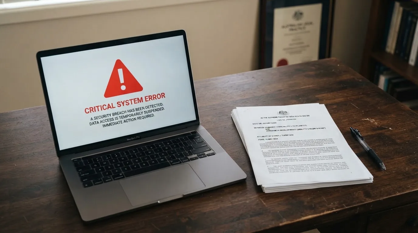 A red triangular warning sign icon on a laptop screen next to a stack of legal papers, symbolising an official caution rather than any specific website.