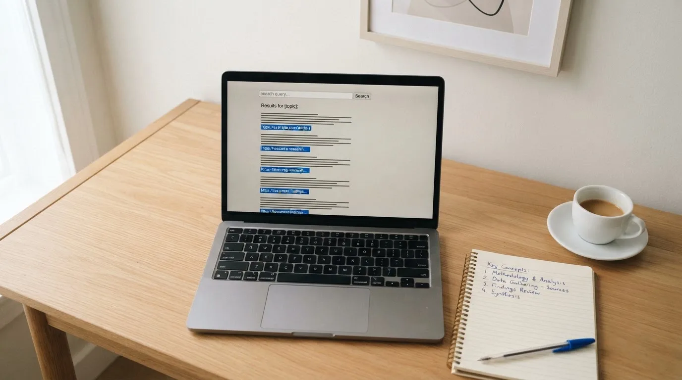 A tidy desk with a laptop open on a plain search-results page, a notebook and a coffee cup beside it, no screens showing any casino branding.