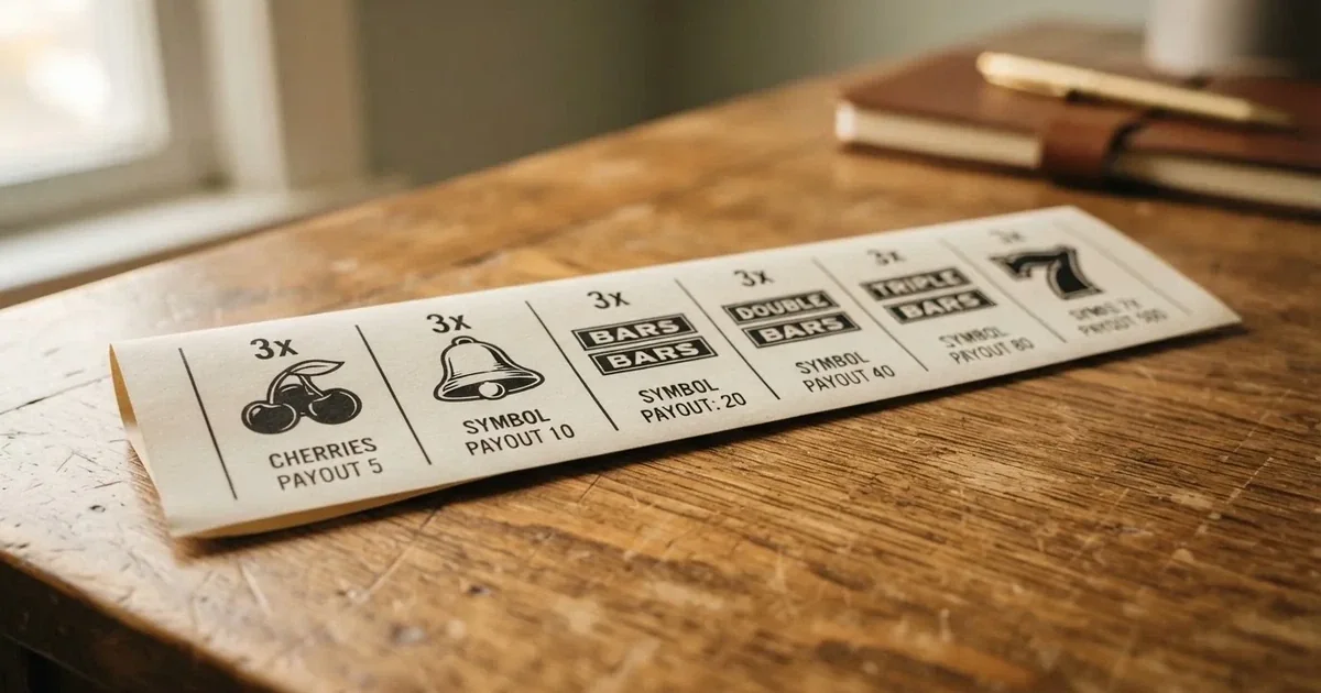 A printed strip of generic slot symbols and payout numbers laid on a desk, like a reference chart rather than a live game.