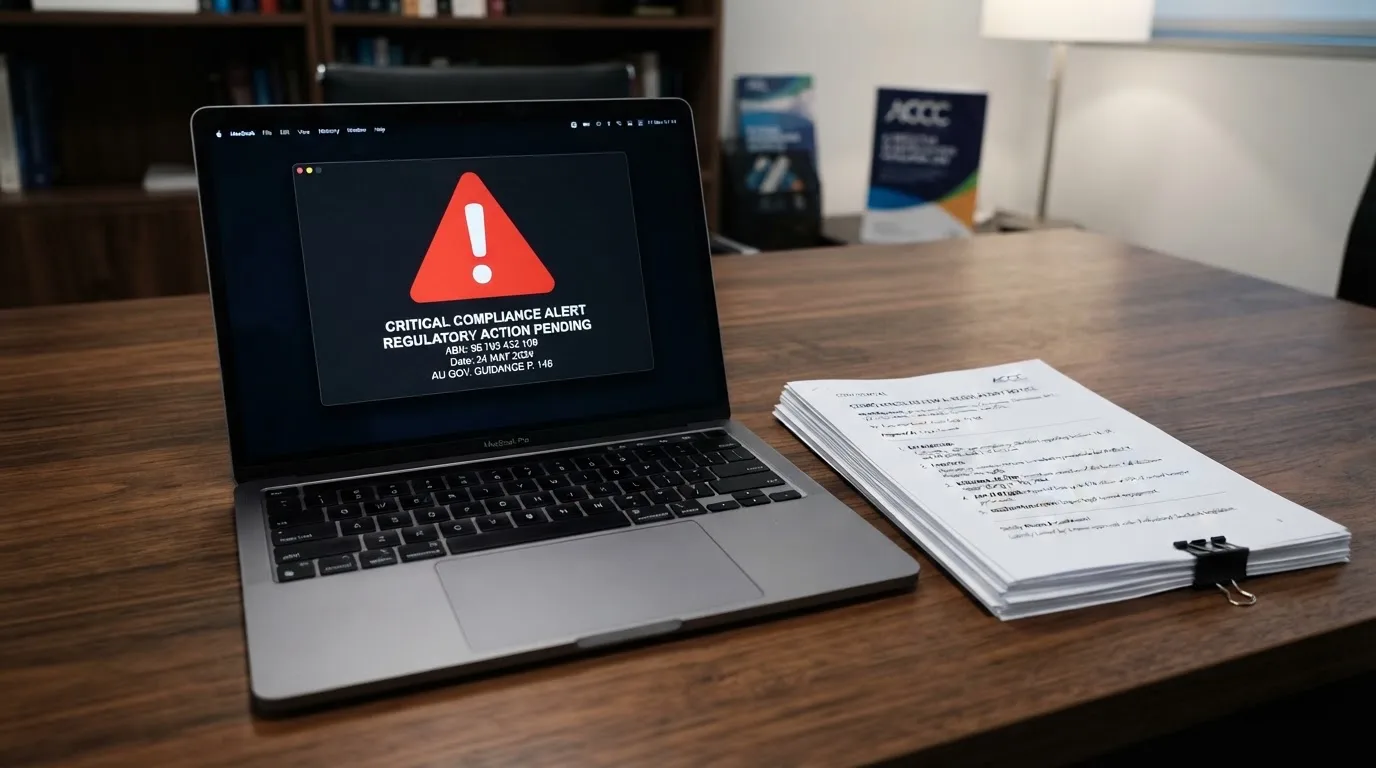 A red triangular warning sign icon on a laptop screen next to a stack of legal papers, symbolising an official caution rather than any specific website.