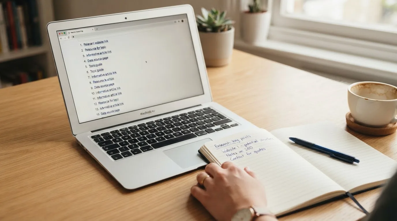 A tidy desk with a laptop open on a plain search-results page, a notebook and a coffee cup beside it, no screens showing any casino branding.