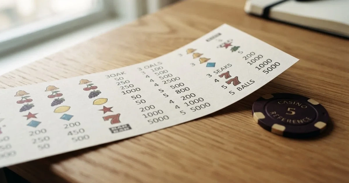 A printed strip of generic slot symbols and payout numbers laid on a desk, like a reference chart rather than a live game.