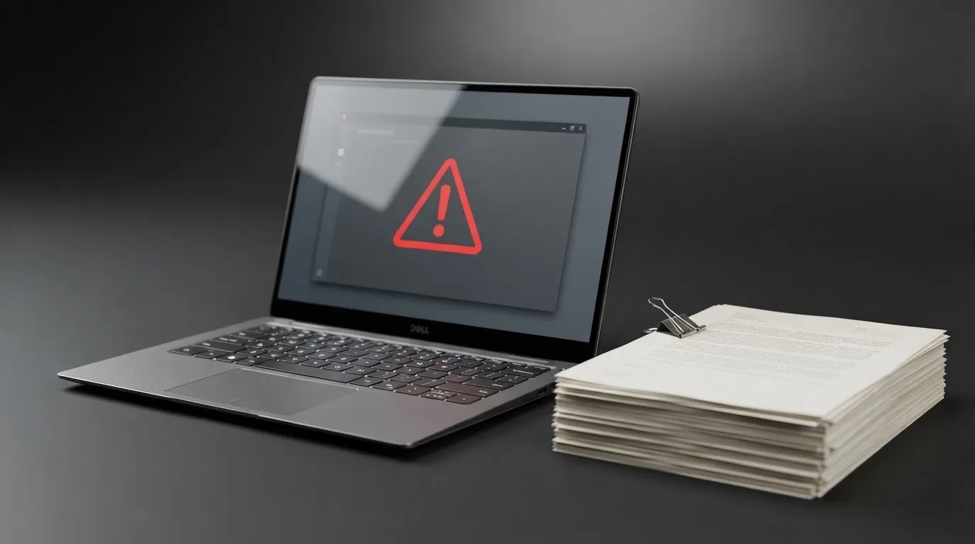 A red triangular warning sign icon on a laptop screen next to a stack of legal papers, symbolising an official caution rather than any specific website.