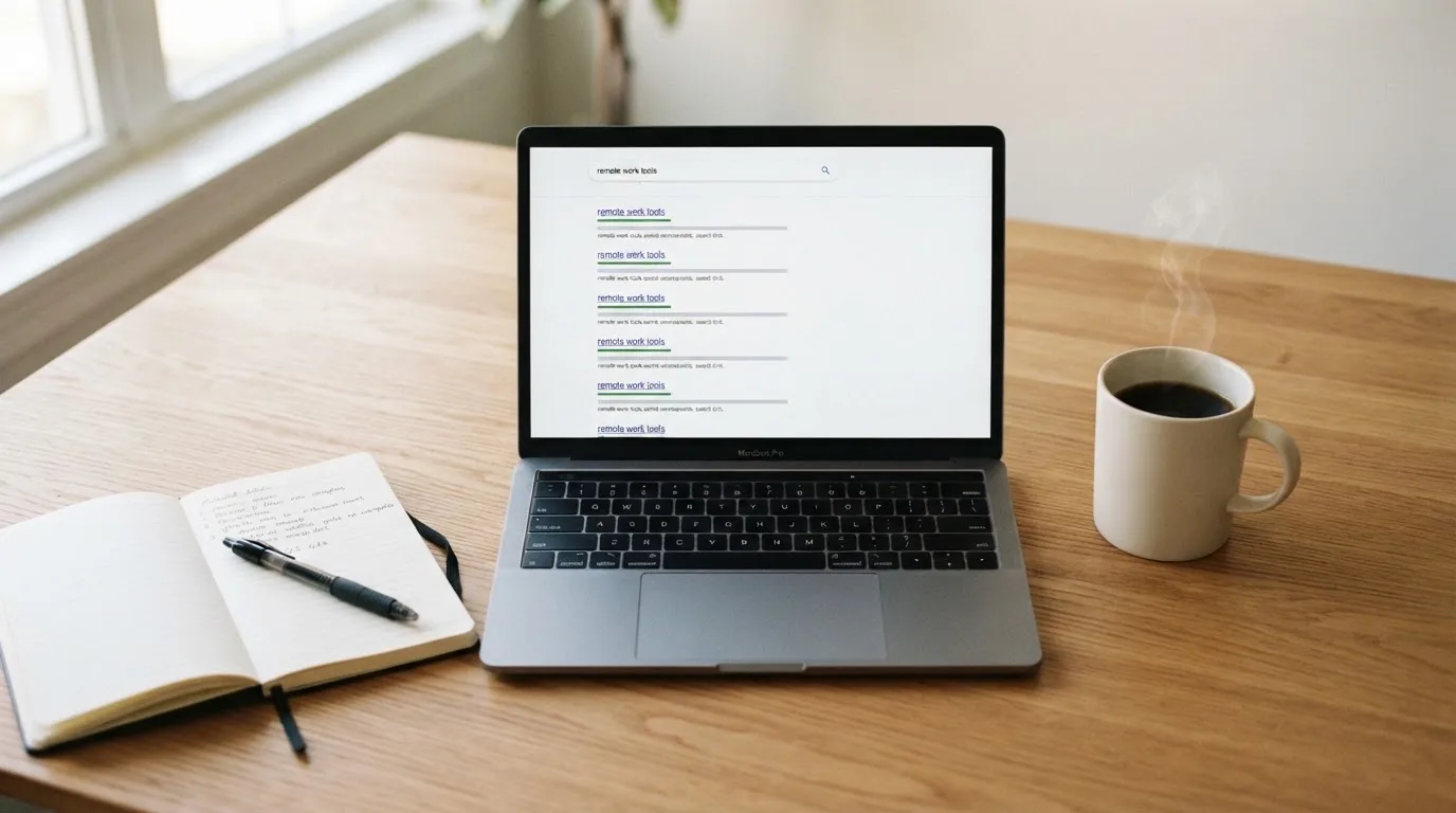 A tidy desk with a laptop open on a plain search-results page, a notebook and a coffee cup beside it, no screens showing any casino branding.