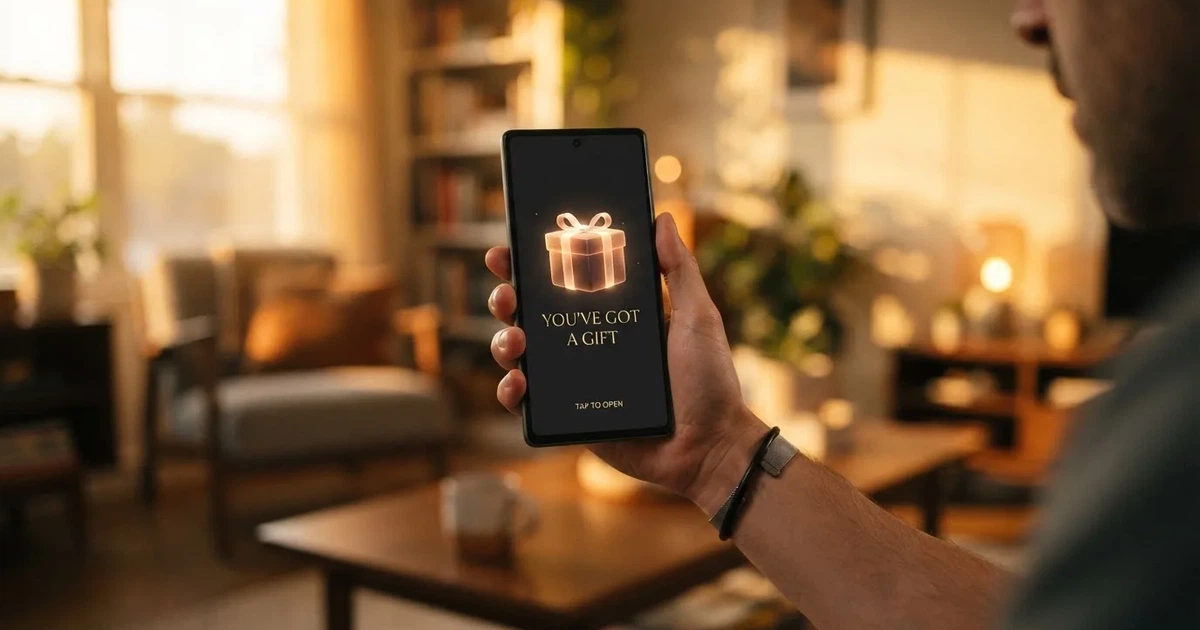 A gift box icon glowing on a phone screen, held at arm's length, suggesting an unopened offer rather than an active game.
