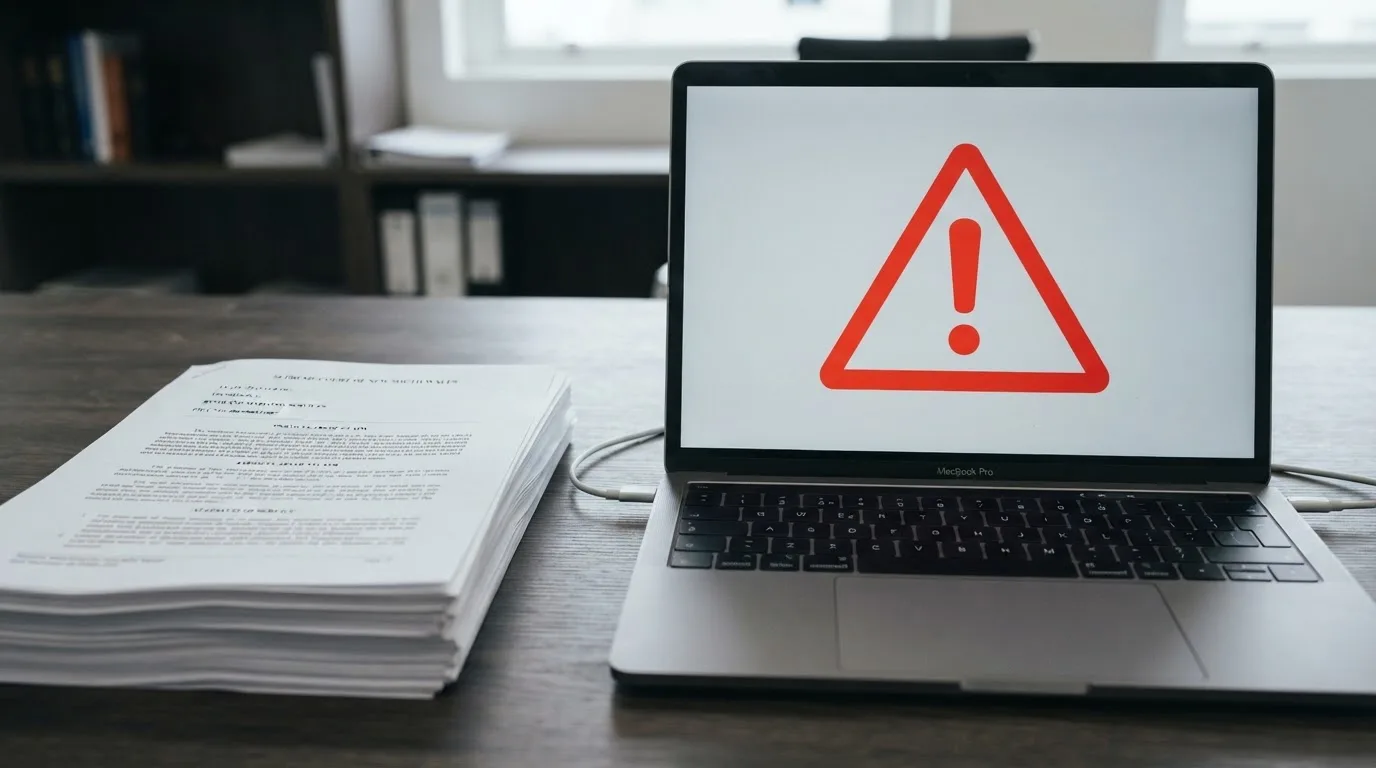 A red triangular warning sign icon on a laptop screen next to a stack of legal papers, symbolising an official caution rather than any specific website.