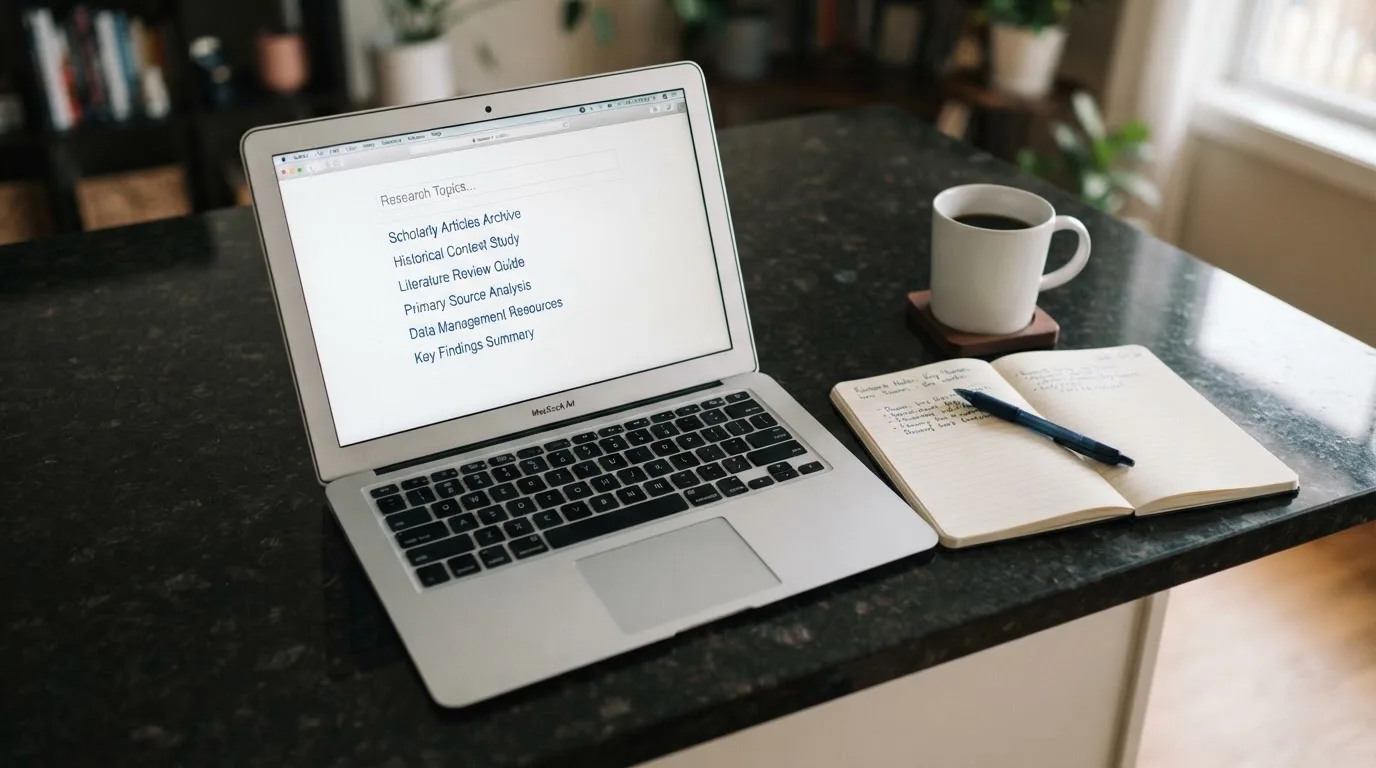A tidy desk with a laptop open on a plain search-results page, a notebook and a coffee cup beside it, no screens showing any casino branding.