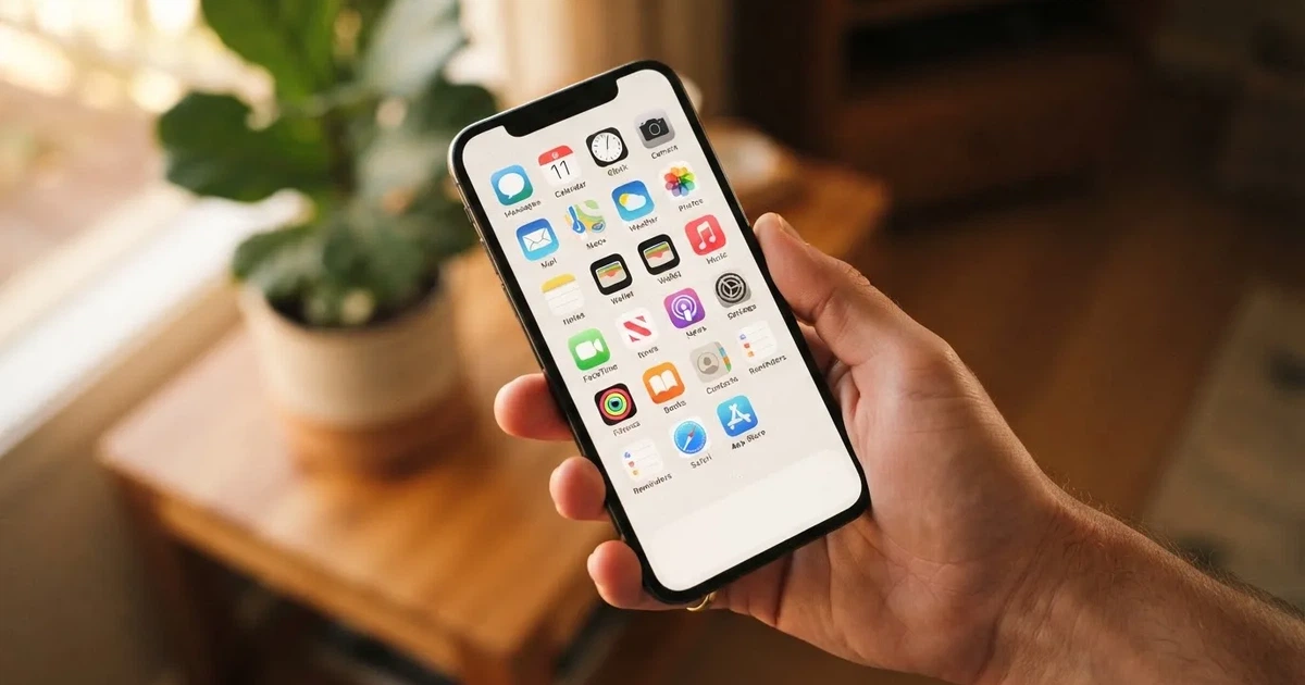 A hand tapping a smartphone screen showing generic app icons, none of them branded.