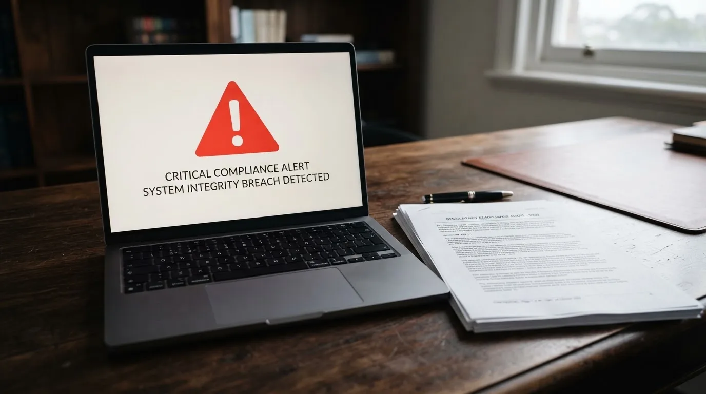 A red triangular warning sign icon on a laptop screen next to a stack of legal papers, symbolising an official caution rather than any specific website.