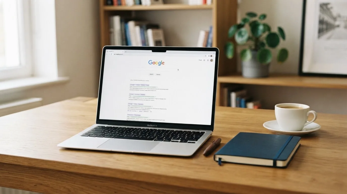 A tidy desk with a laptop open on a plain search-results page, a notebook and a coffee cup beside it, no screens showing any casino branding.