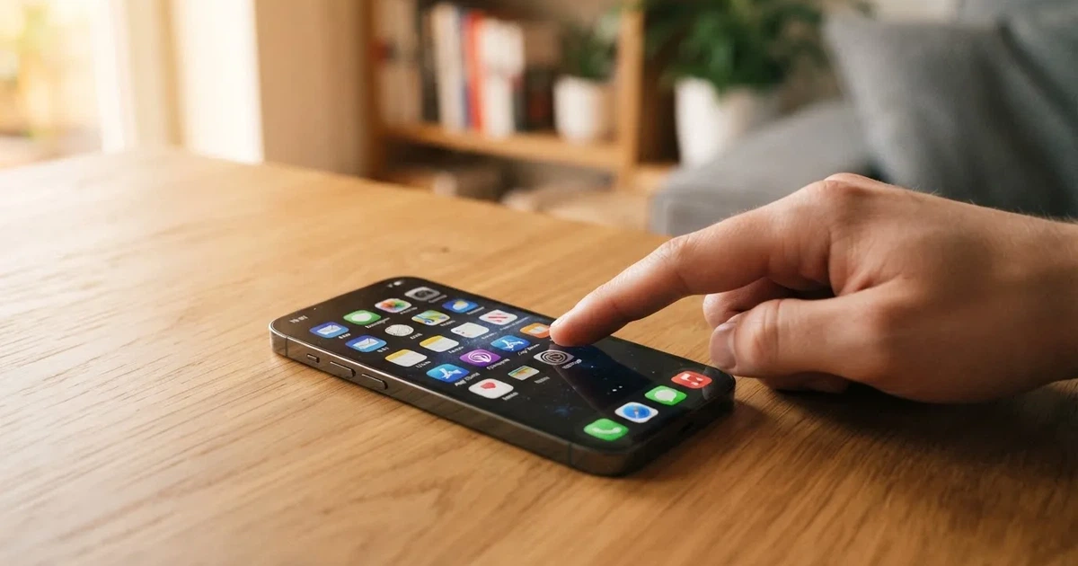 A hand tapping a smartphone screen showing generic app icons, none of them branded.