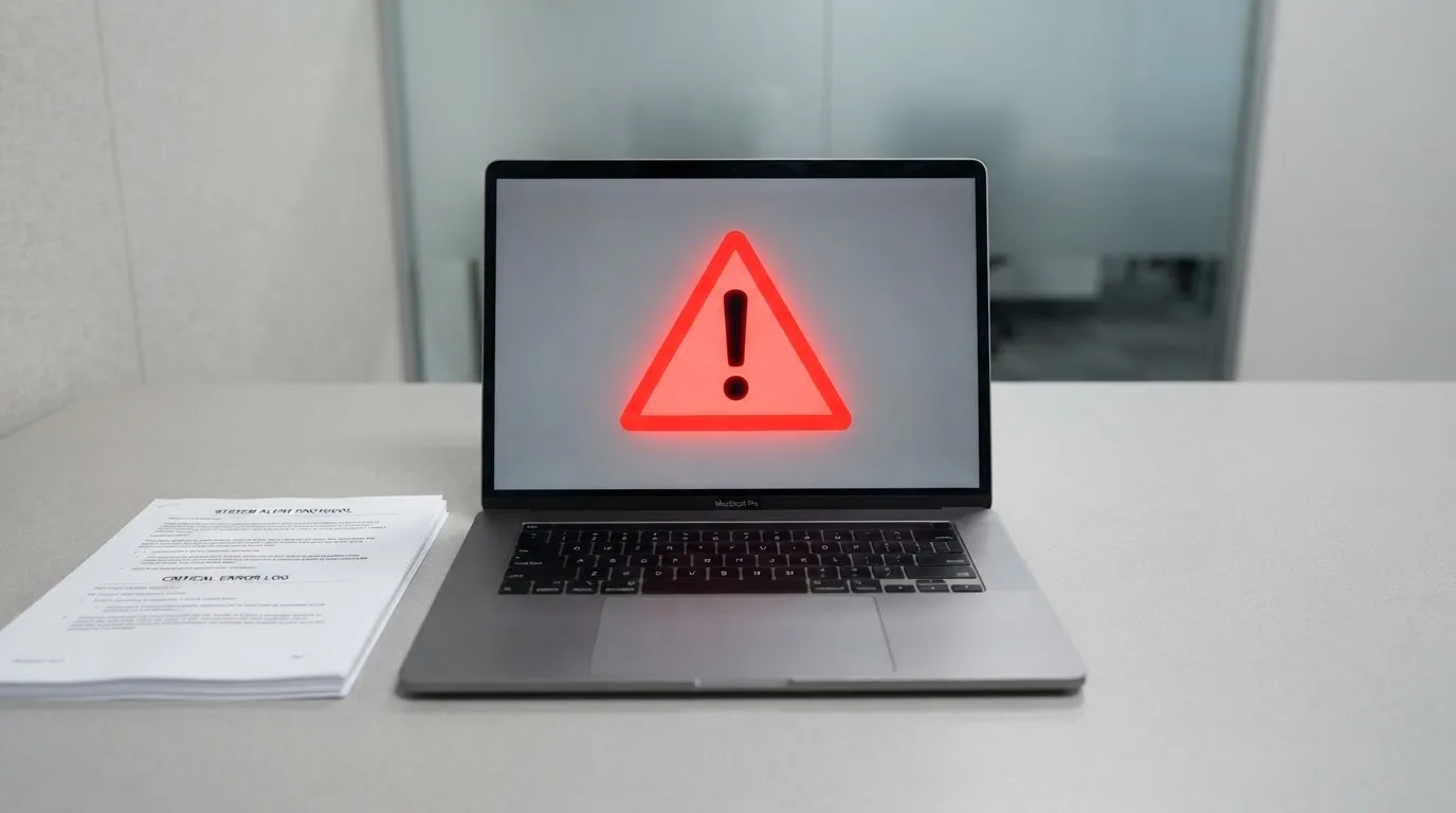A red triangular warning sign icon on a laptop screen next to a stack of legal papers, symbolising an official caution rather than any specific website.