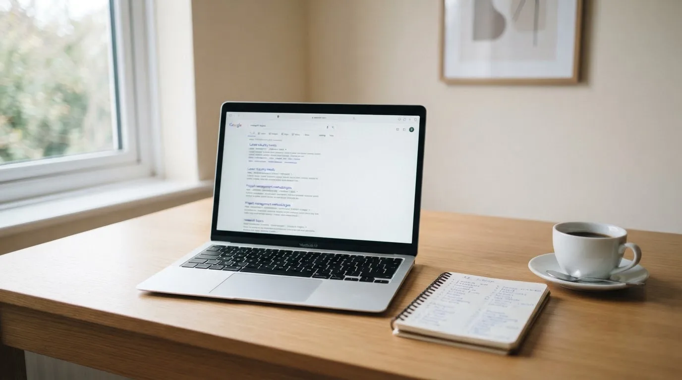 A tidy desk with a laptop open on a plain search-results page, a notebook and a coffee cup beside it, no screens showing any casino branding.
