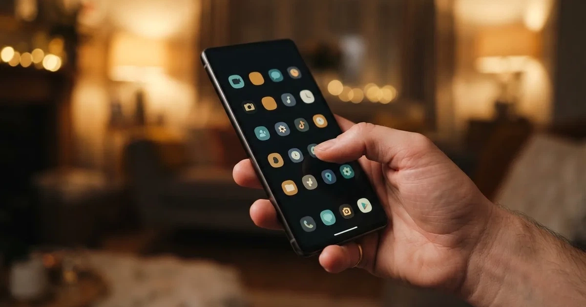 A hand tapping a smartphone screen showing generic app icons, none of them branded.