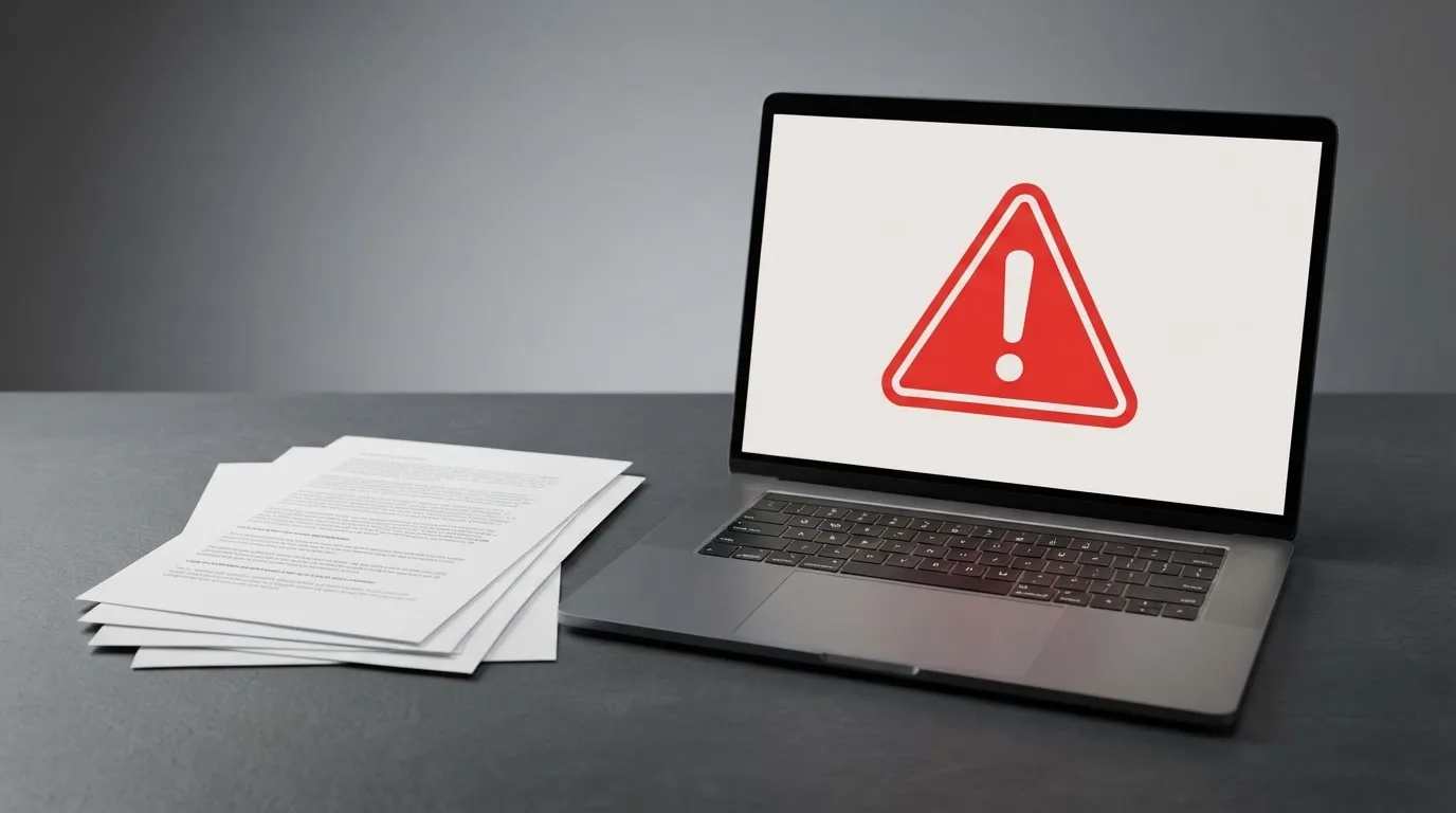 A red triangular warning sign icon on a laptop screen next to a stack of legal papers, symbolising an official caution rather than any specific website.