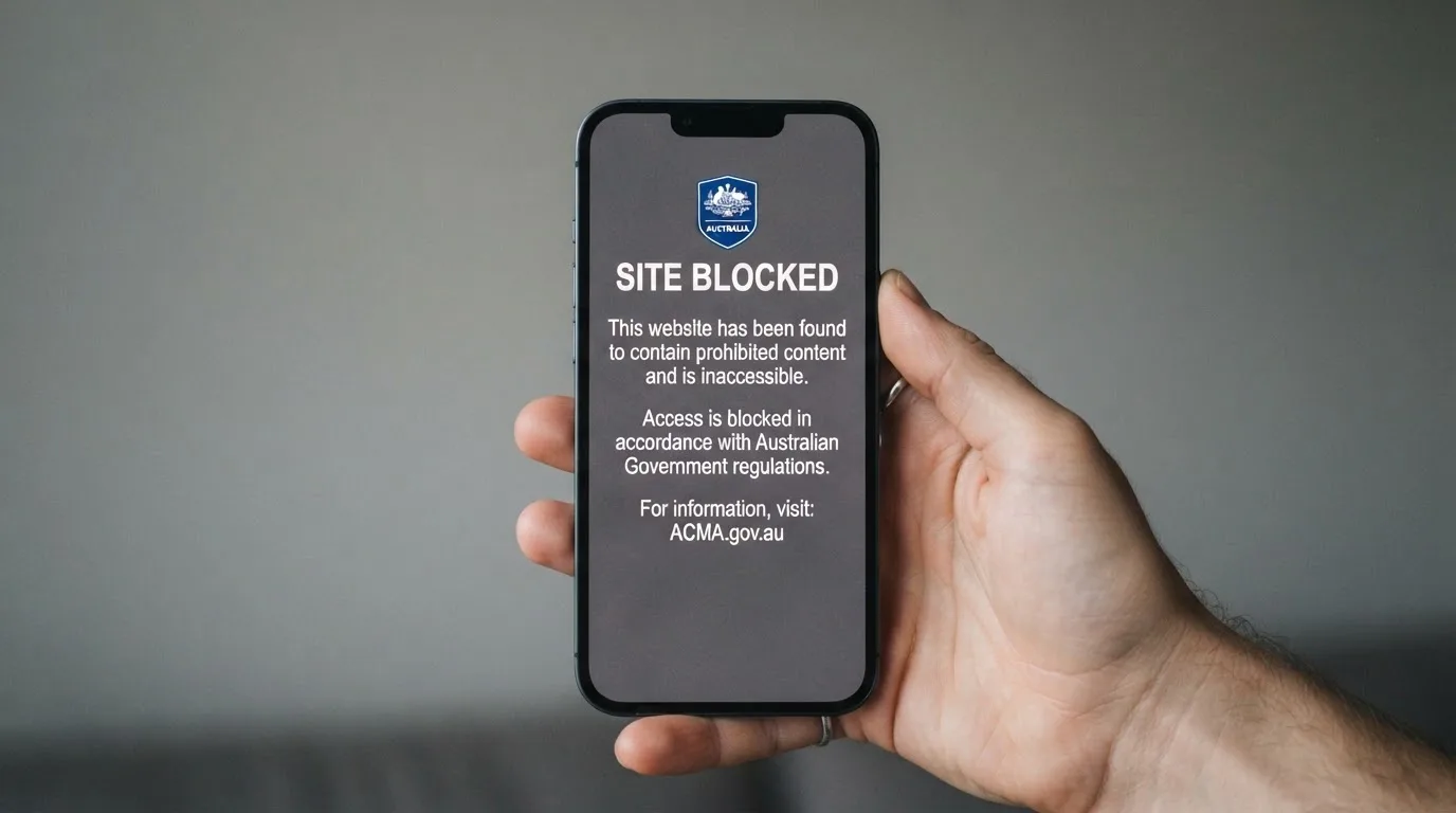 A smartphone screen showing a plain government warning notice about a blocked website, held against a blurred background.