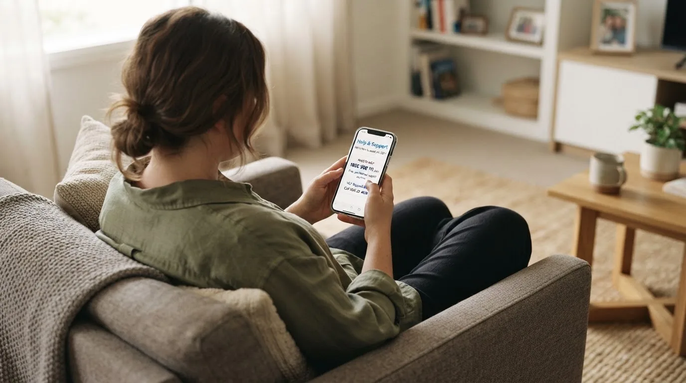 A person sitting calmly with a phone open to a support helpline page, no gaming screen visible.