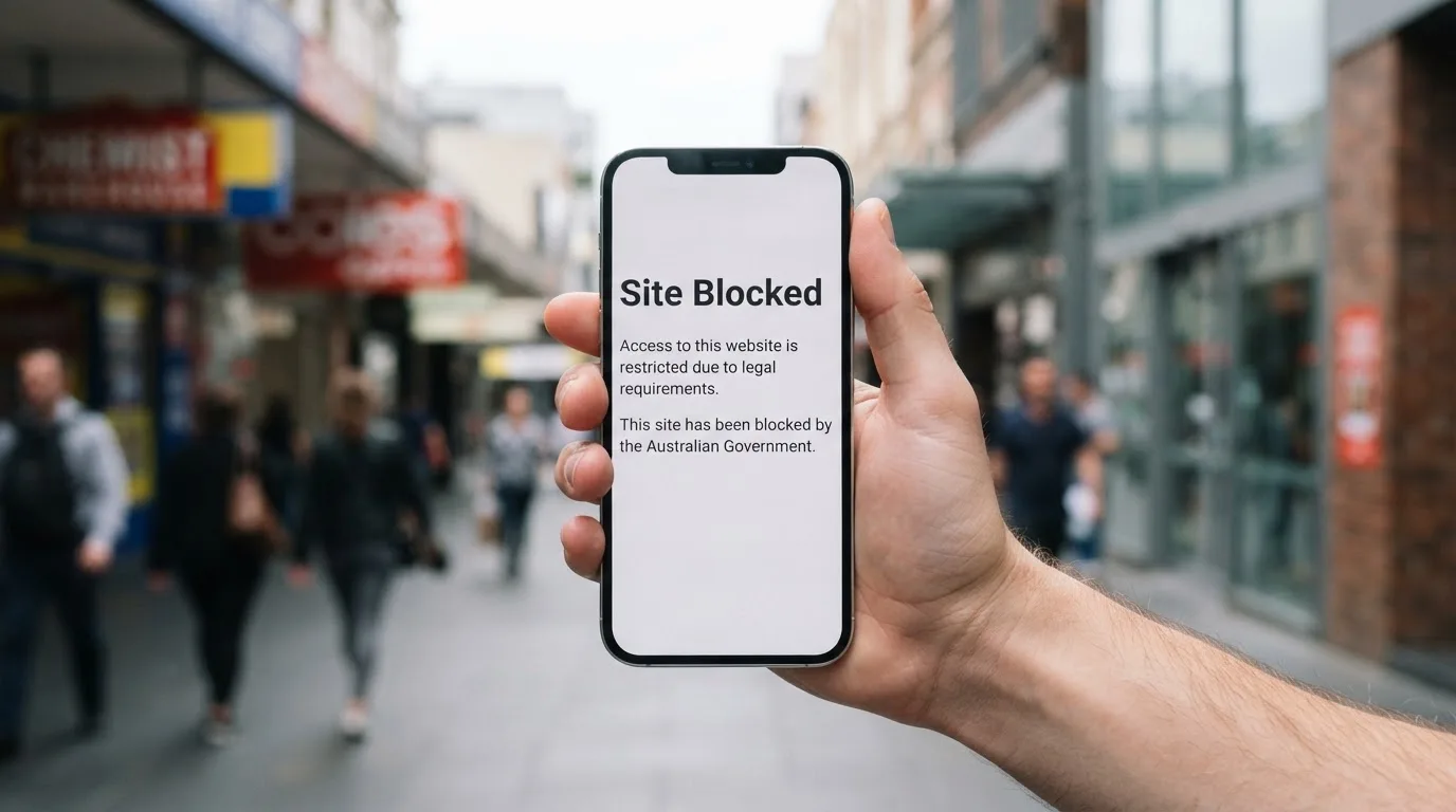 A smartphone screen showing a plain government warning notice about a blocked website, held against a blurred background.