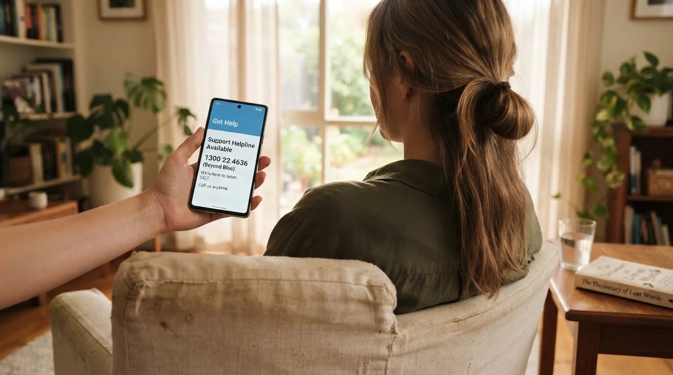A person sitting calmly with a phone open to a support helpline page, no gaming screen visible.
