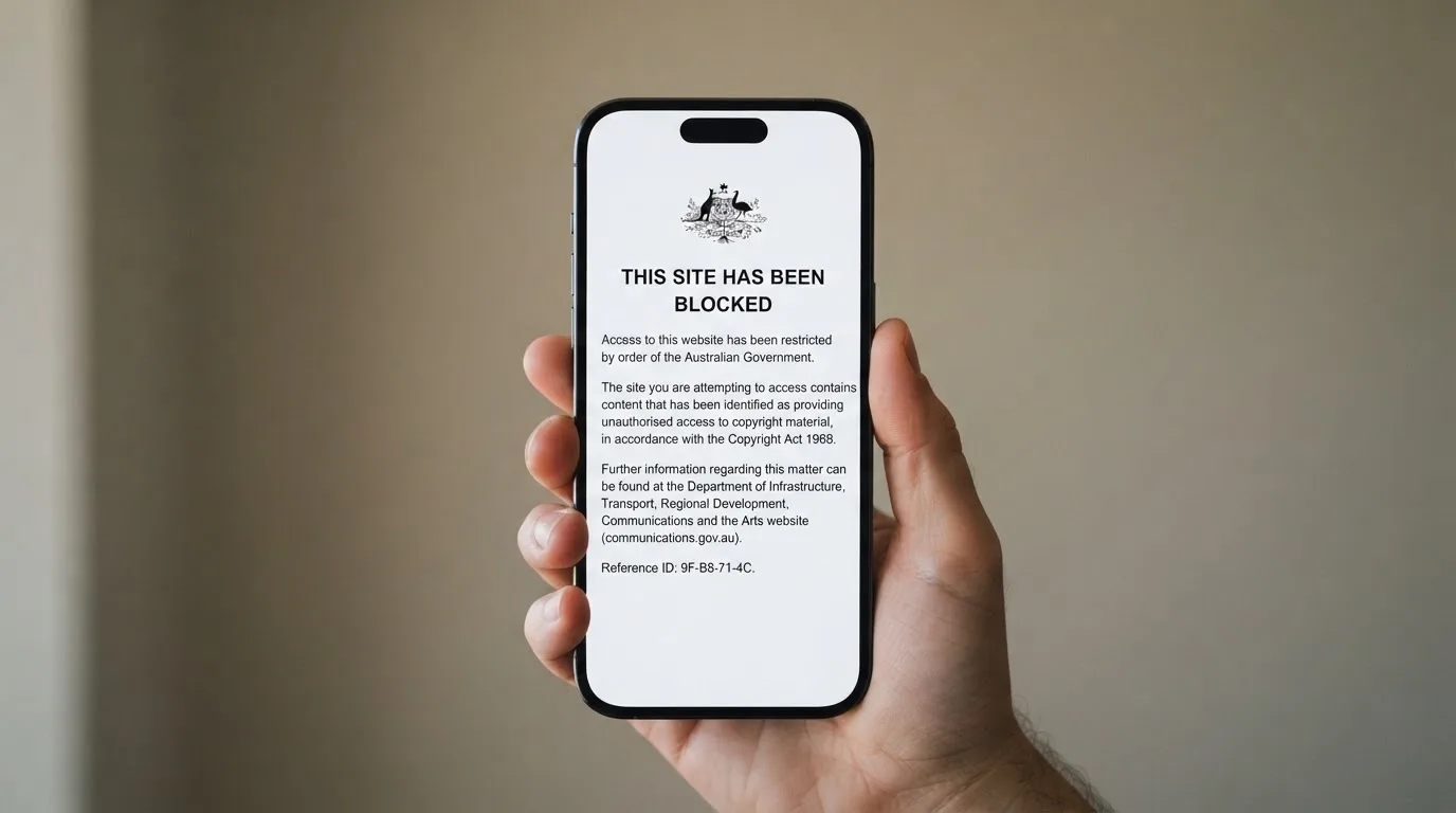 A smartphone screen showing a plain government warning notice about a blocked website, held against a blurred background.