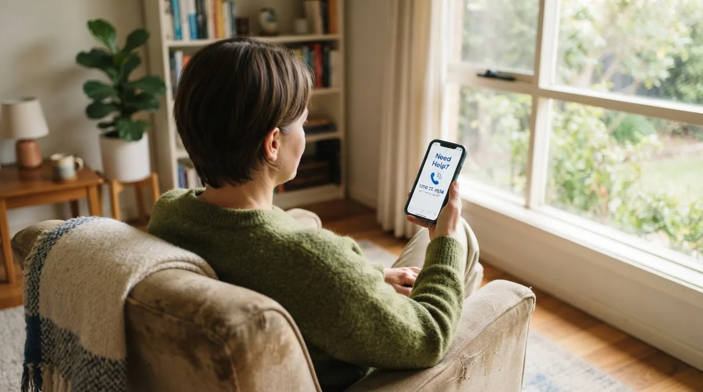 A person sitting calmly with a phone open to a support helpline page, no gaming screen visible.