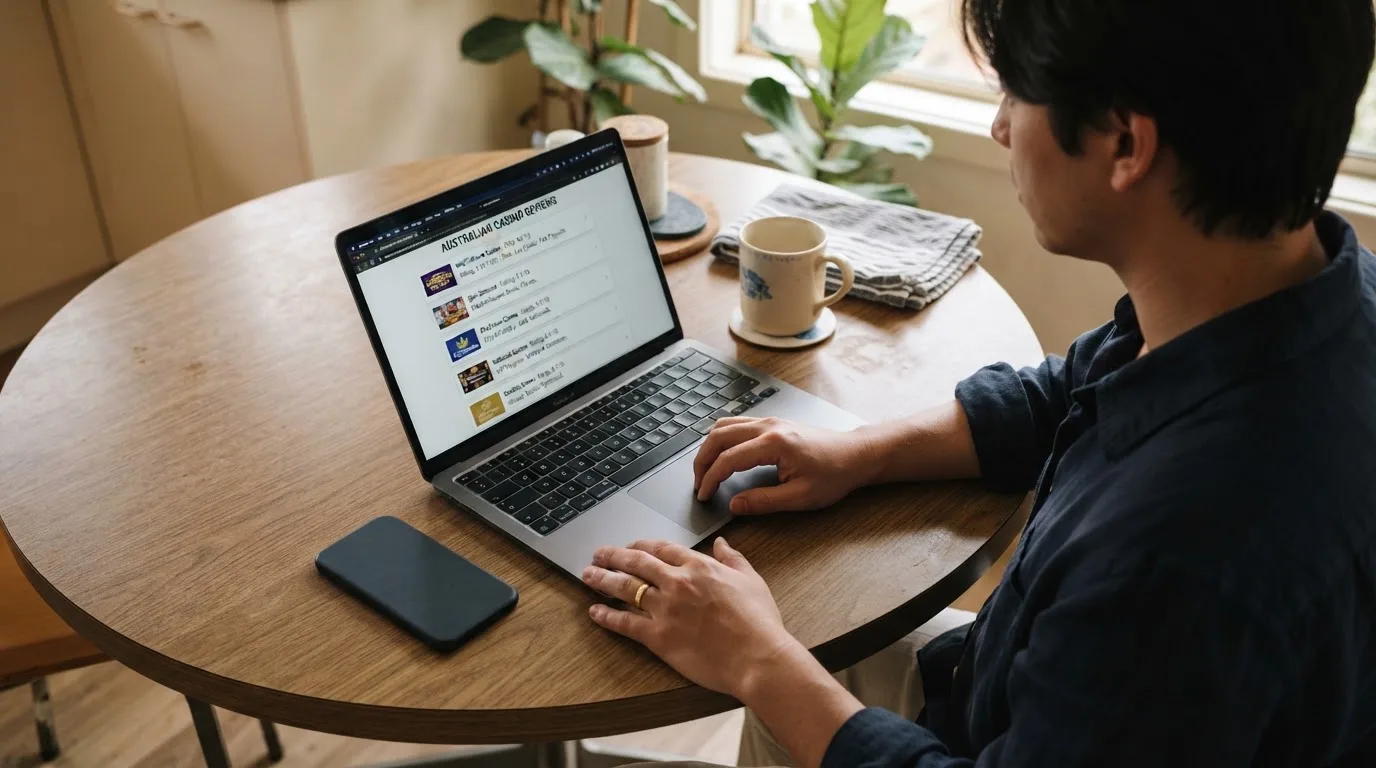 A person at a kitchen table scrolling through review pages on a laptop, phone face-down beside them.