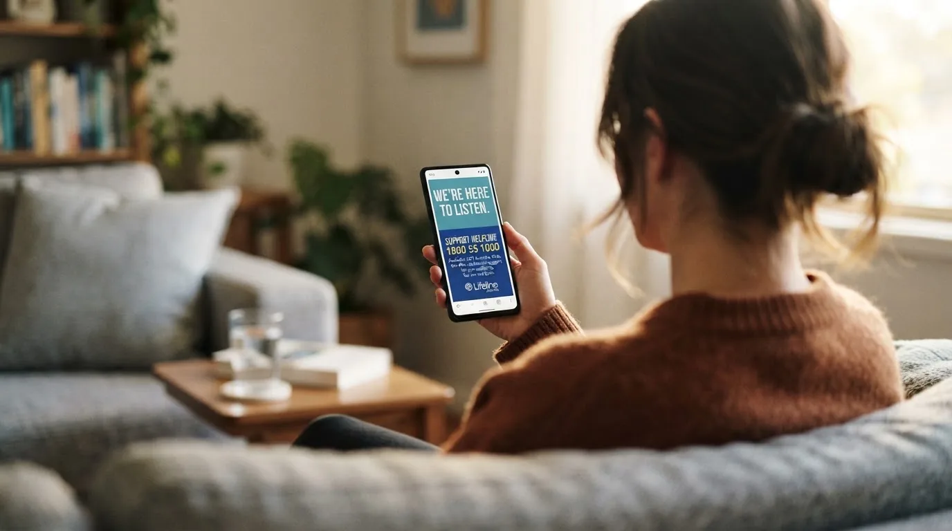 A person sitting calmly with a phone open to a support helpline page, no gaming screen visible.
