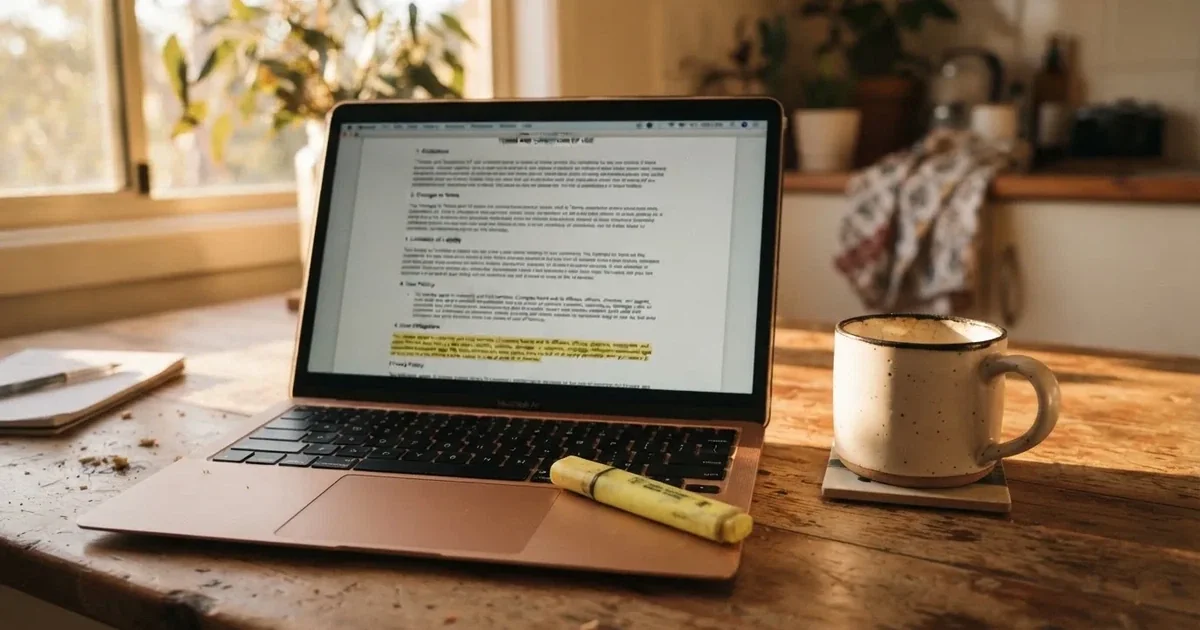 A laptop screen showing a page of terms and conditions text with a highlighter resting nearby.