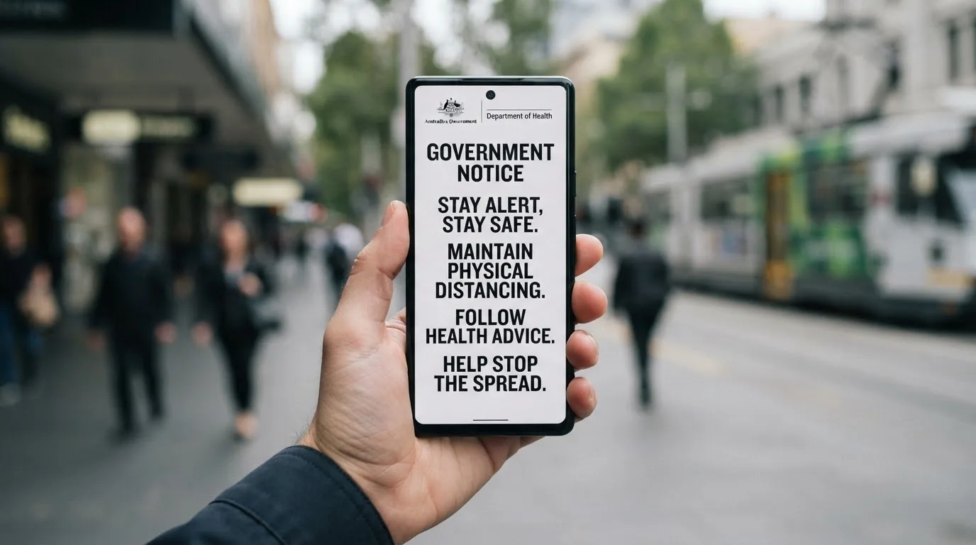 A smartphone screen showing a plain government warning notice about a blocked website, held against a blurred background.