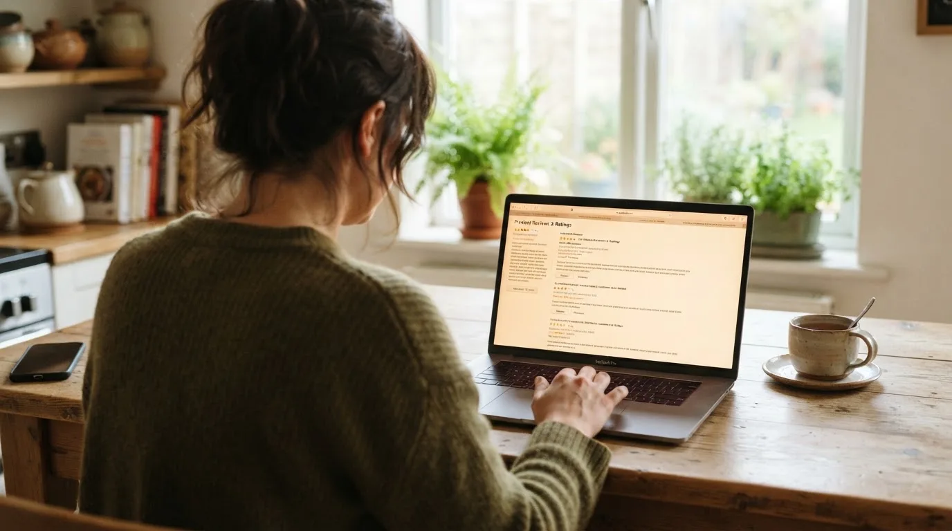A person at a kitchen table scrolling through review pages on a laptop, phone face-down beside them.