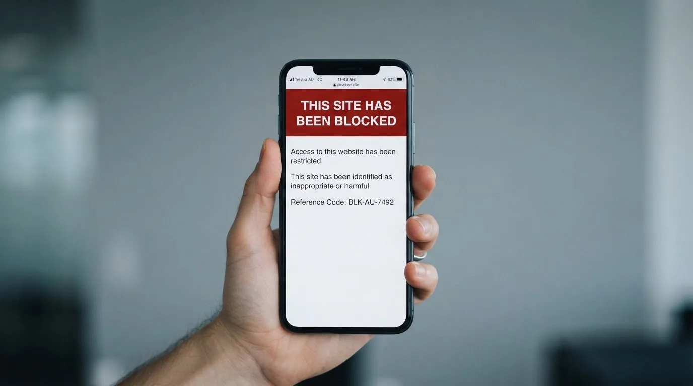 A smartphone screen showing a plain government warning notice about a blocked website, held against a blurred background.