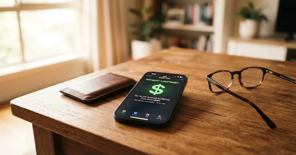 A phone screen showing a bank transfer confirmation, held next to a wallet on a table.