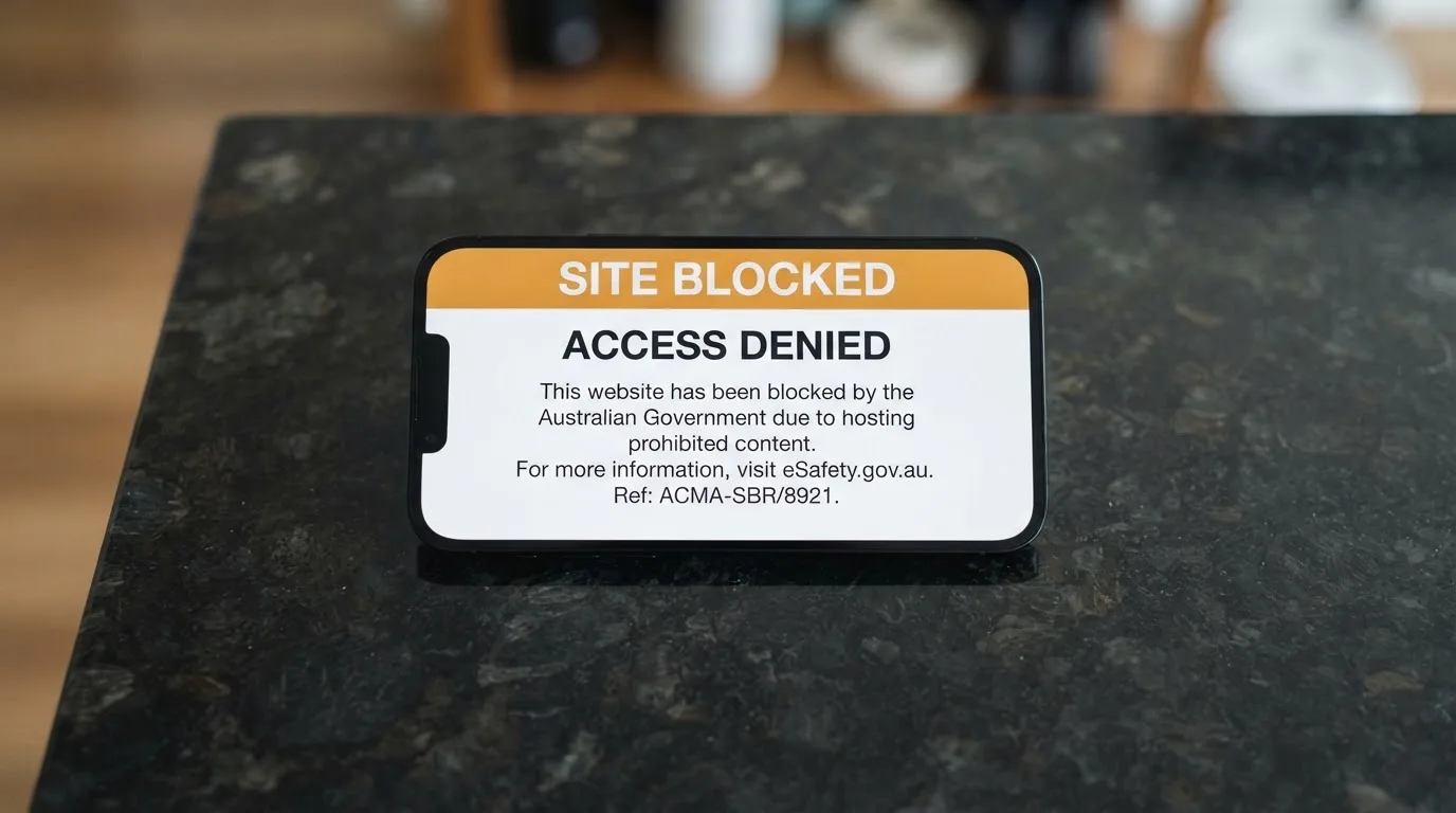 A smartphone screen showing a plain government warning notice about a blocked website, held against a blurred background.