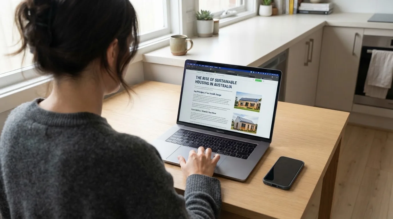 A person at a kitchen table scrolling through review pages on a laptop, phone face-down beside them.