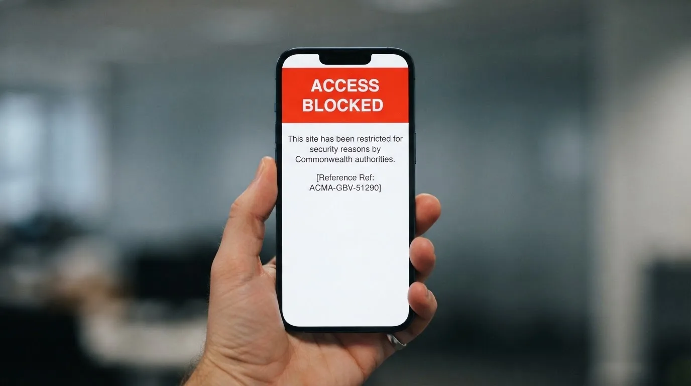 A smartphone screen showing a plain government warning notice about a blocked website, held against a blurred background.