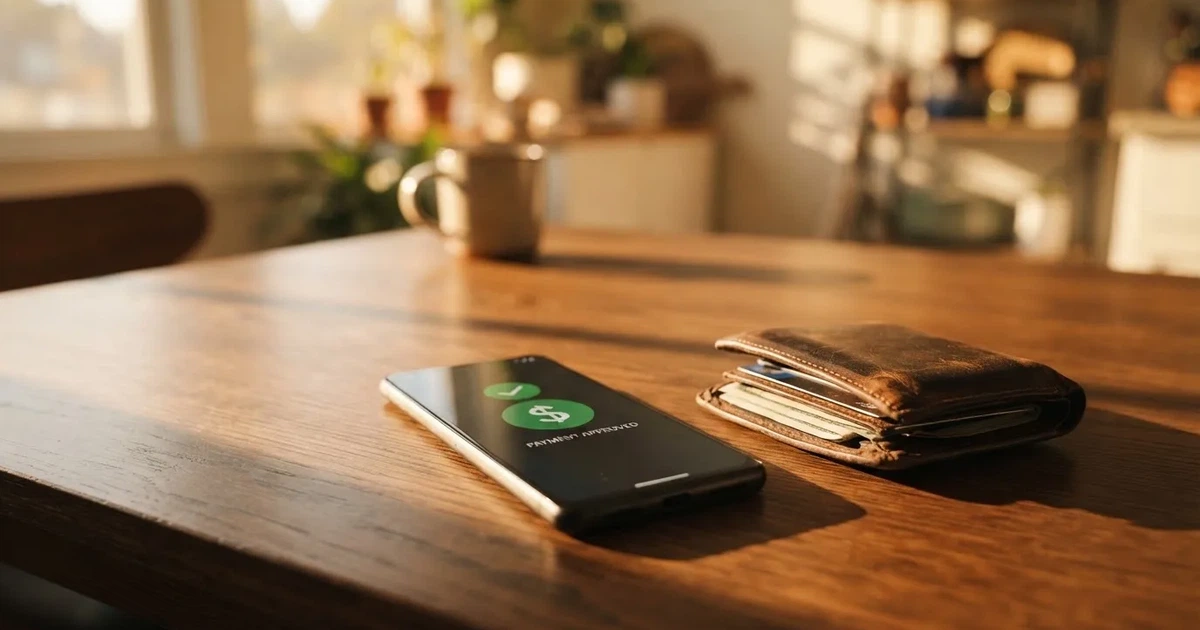 A phone screen showing a bank transfer confirmation, held next to a wallet on a table.