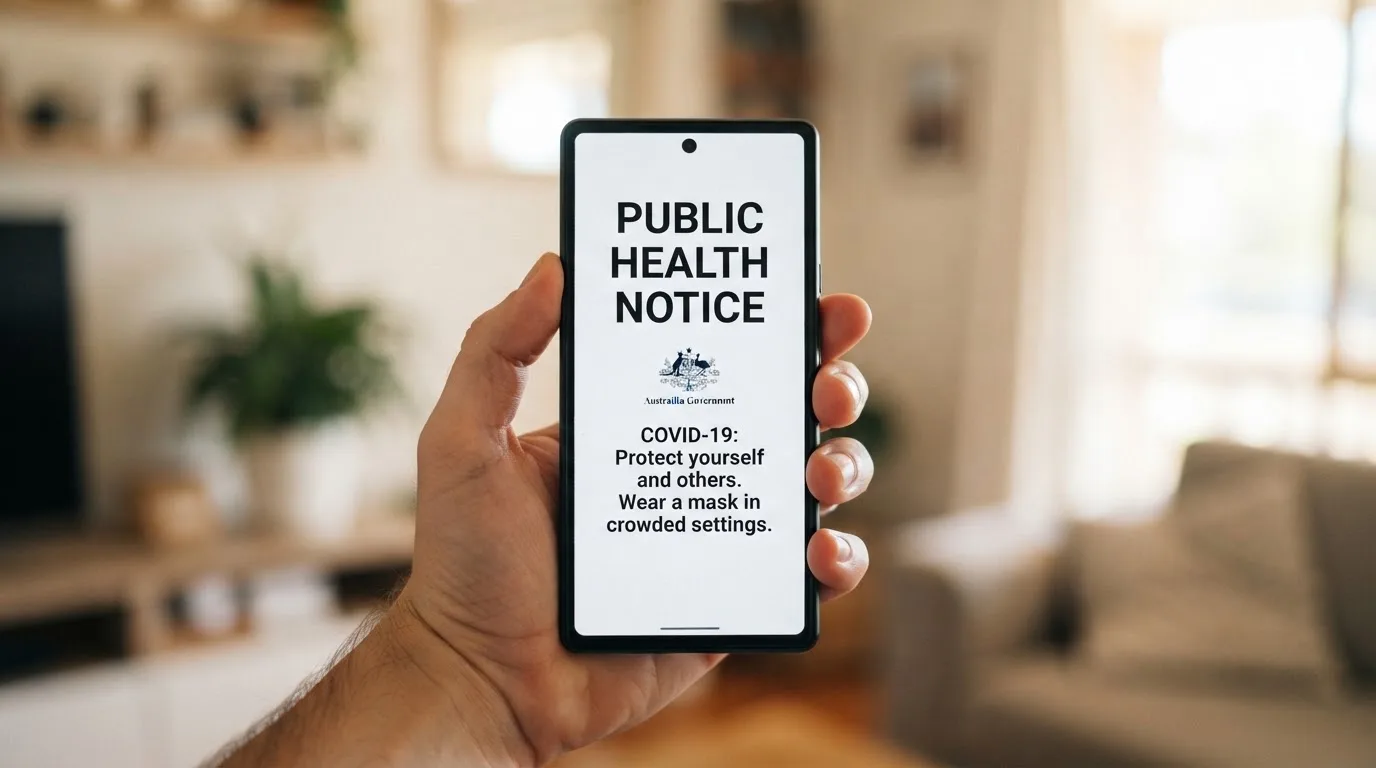 A smartphone screen showing a plain government warning notice about a blocked website, held against a blurred background.