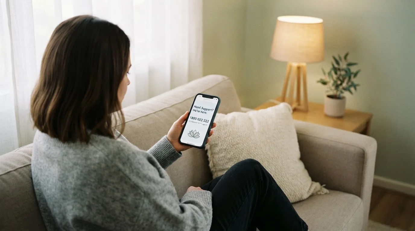 A person sitting calmly with a phone open to a support helpline page, no gaming screen visible.