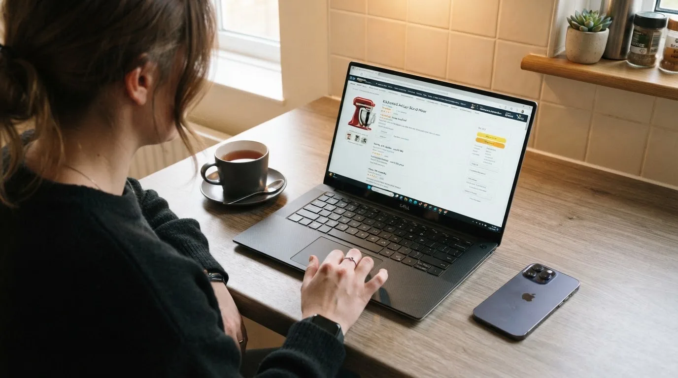 A person at a kitchen table scrolling through review pages on a laptop, phone face-down beside them.