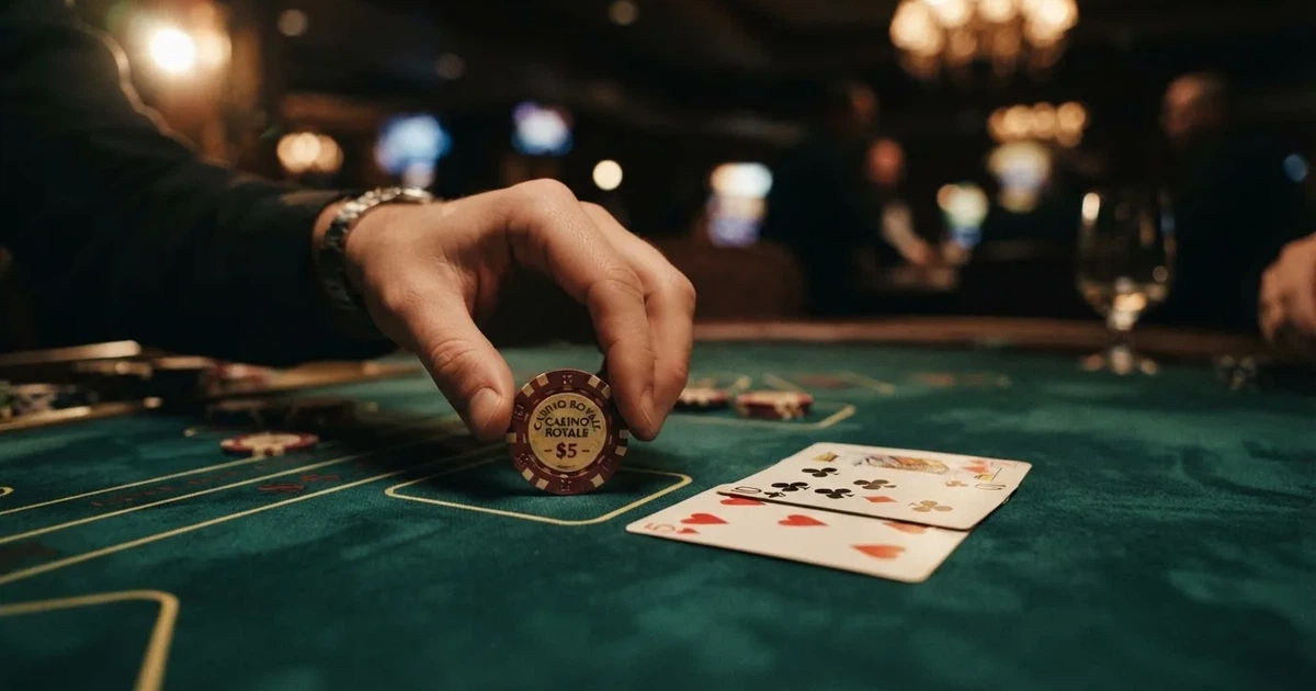 A close-up of a green felt gaming table with cards and chips mid-hand.