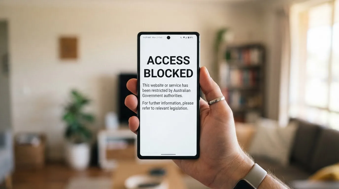 A smartphone screen showing a plain government warning notice about a blocked website, held against a blurred background.