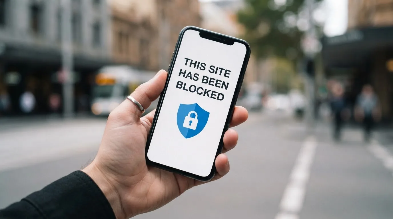 A smartphone screen showing a plain government warning notice about a blocked website, held against a blurred background.