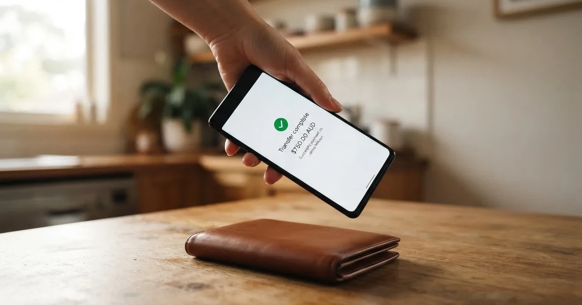 A phone screen showing a bank transfer confirmation, held next to a wallet on a table.